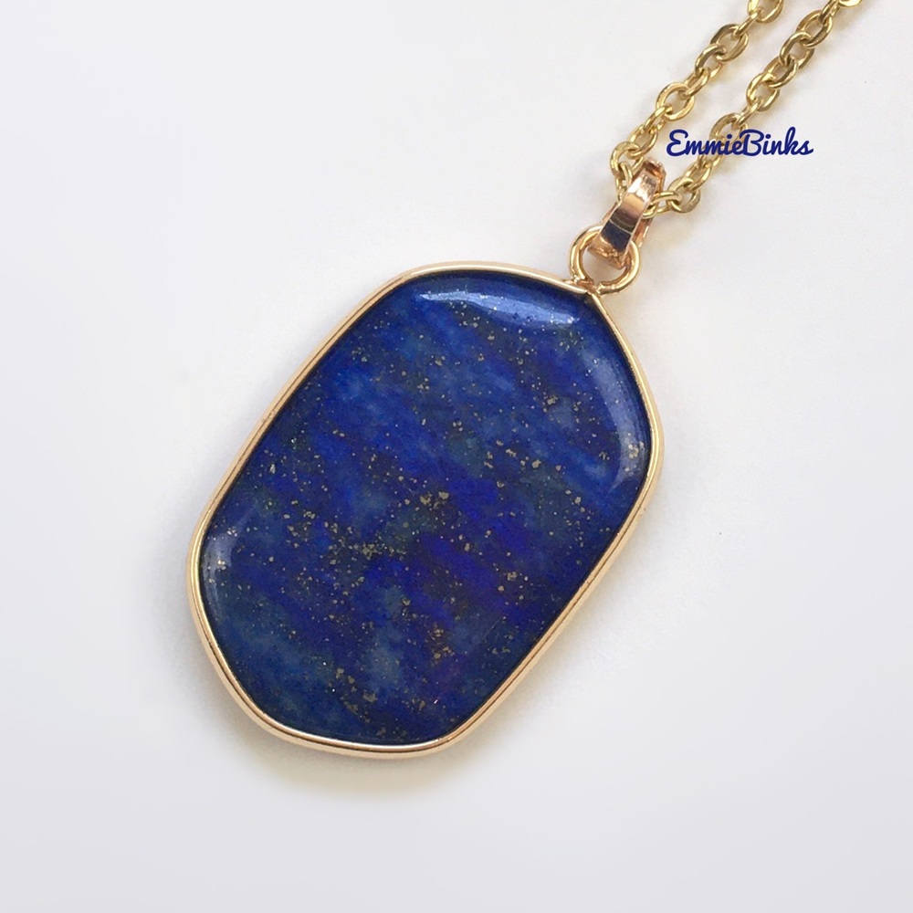 New Genuine Lapis Lazuli Gemstone Pendant Necklace / 14 KGP Stone Necklace